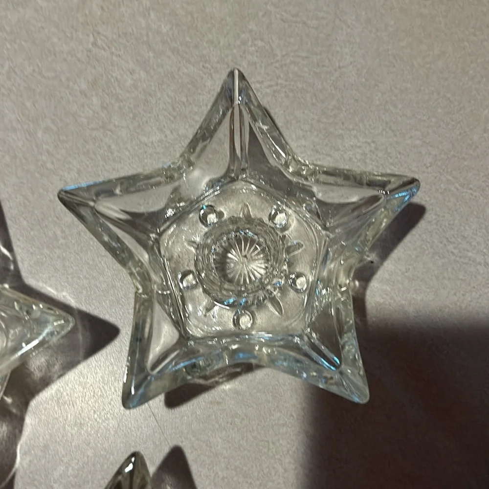 Vintage Glass Star Shaped Tapered‎ Candle Holders Clear 5 points set of 3